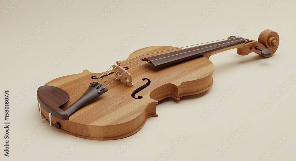Obraz premium A finely crafted wooden violin lies on a light beige surface showcasing its natural grain and dark wood accents