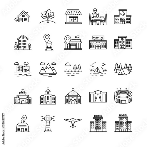A collection of clean, minimalist line art icons representing various buildings, landmarks, and outdoor scenes, including houses, hospitals, churches, stadiums, and camping tents.