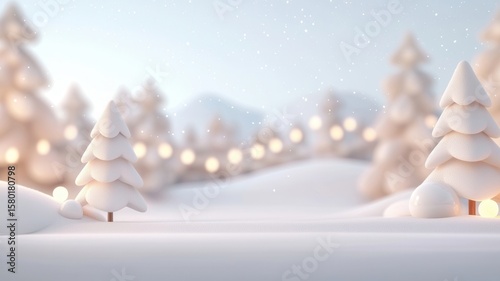 Snow is gently falling on stylized christmas trees in a winter wonderland, creating a festive and magical atmosphere
