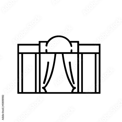 A minimalist black line icon of a theater or opera house entrance with draped curtains.