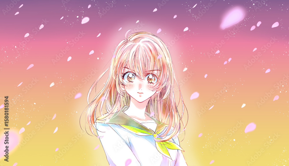 セーラー服の女子学生 やる気 夕暮れ 花吹雪 セーラー服の女子学生 やる気 夕暮れ 花吹雪