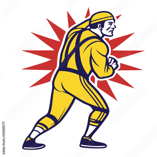 Retro wrestler illustration with a determined fighter in yellow suit ready to grapple and strike, against red star background.