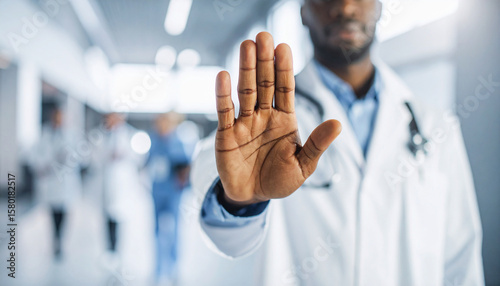 Doctor Making Stop Gesture in Hospital Hallway