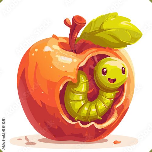 Funny cartoon worm inside a bitten red apple, bright vector illustration in warm tones. Perfect for kids’ books, stickers, and autumn-themed designs