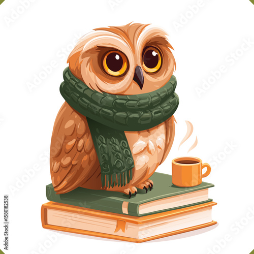 Vector illustration of a cute owl in green scarf sitting on books with a cup of coffee, in warm autumn colors and cartoon vector style on white background