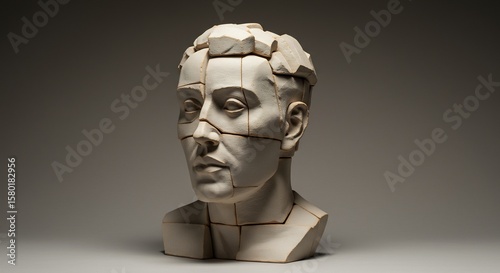 A lightcolored segmented bust of a human head and upper chest rests on a plain grey surface with soft lighting