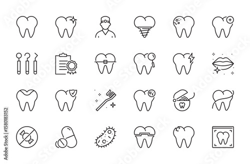 Dental icon set. Dentistry, stomatology, tooth, bacterium, implant, caries, dentist, braces, diagnostic, toothache, smile, x-ray, toothbrush, decay, floss, etc. Vector illustration. Editable stroke.