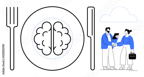 Brain on plate between fork and knife symbolizing knowledge as food, professionals exchanging ideas in handshake. Ideal for creativity, collaboration, mental health, growth, education, communication