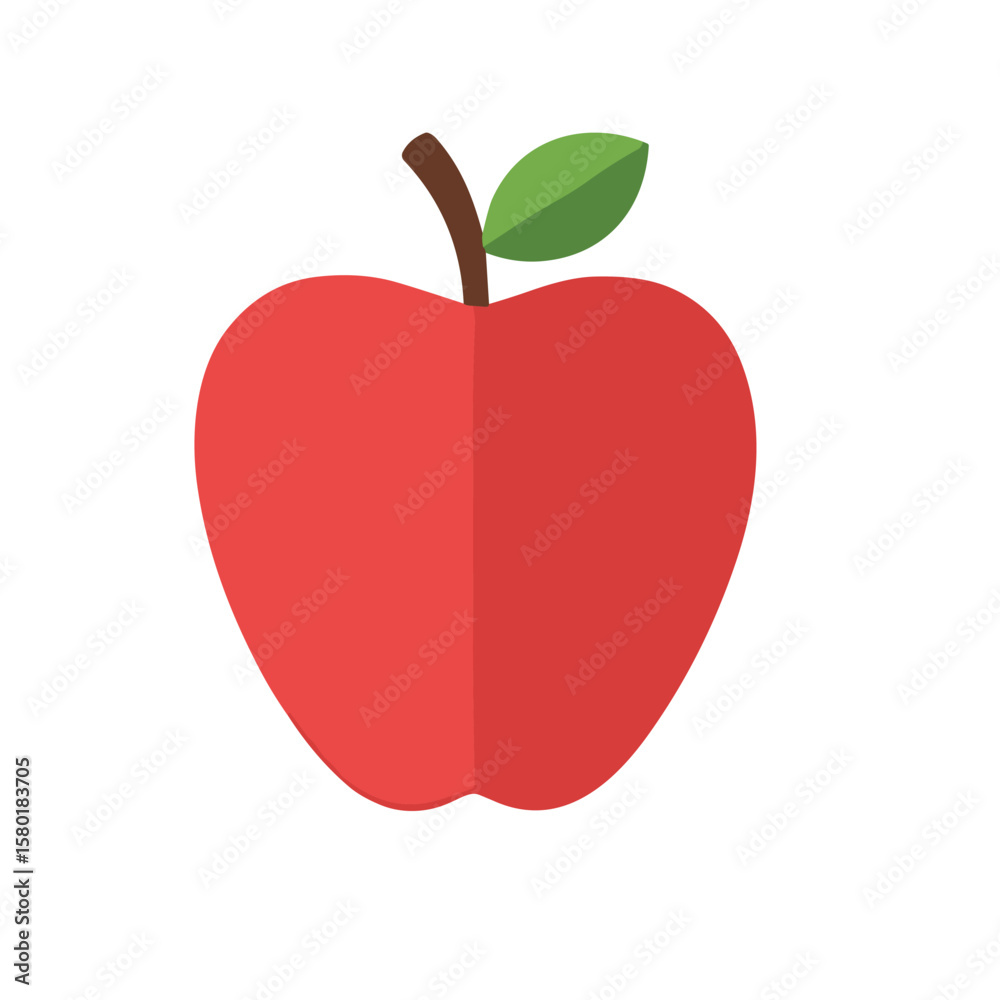 Fototapeta premium A simple, flat design illustration of a vibrant red apple with a brown stem and a single green leaf, presented against a clean white background.
