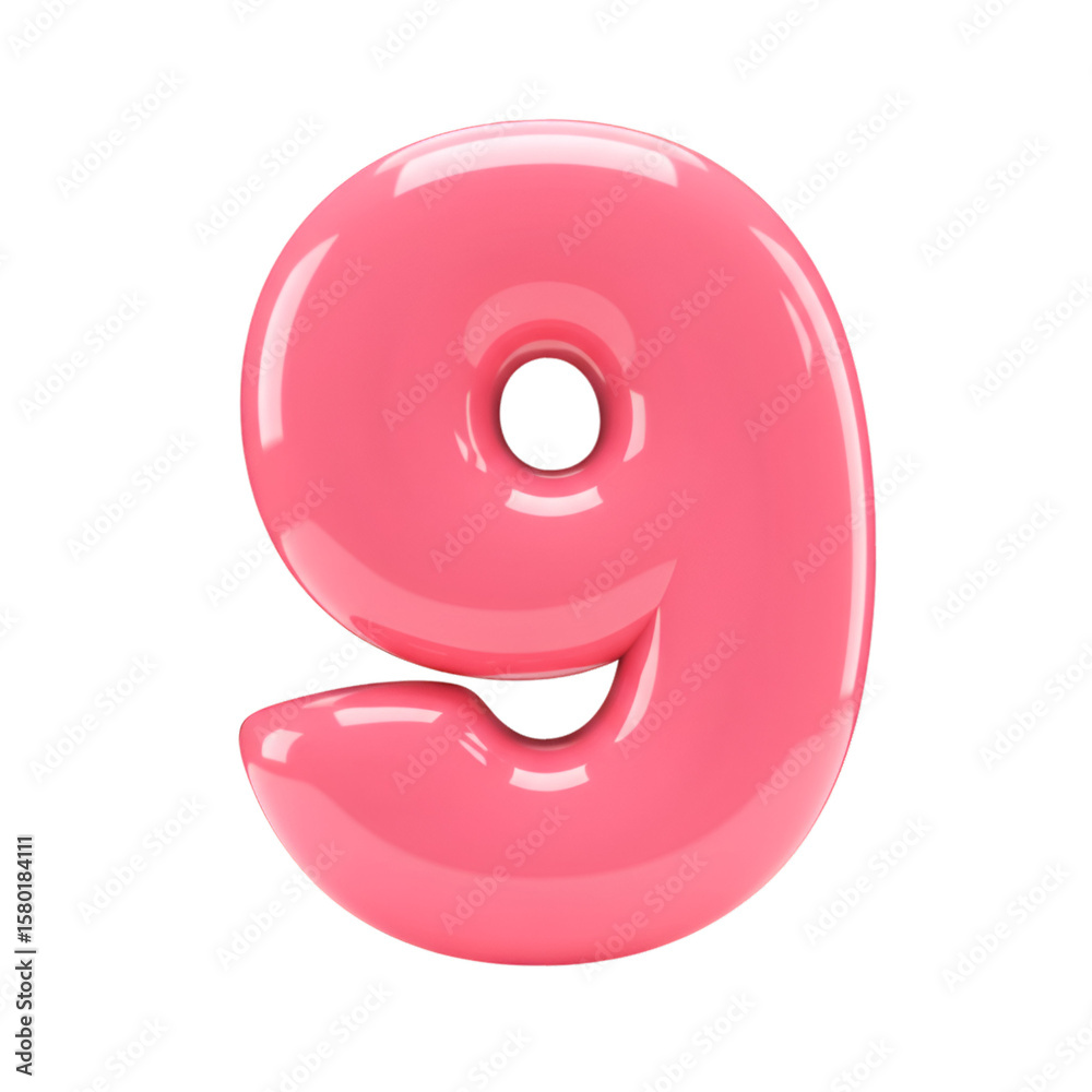 Fototapeta premium Glossy Pink Number Nine 3d Rendering on Transparent Background