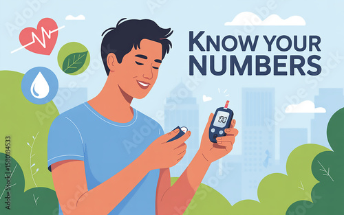 The person is casually dressed, smiling gently as they read the glucometer display, with a focus on accurate portrayal of the device and the testing process. 