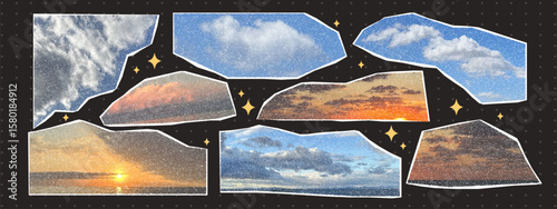 Torn sky collage with halftone photocopy effect. Cloud and sunset fragments with vintage dotted texture and golden stars. Vector pop art illustration.