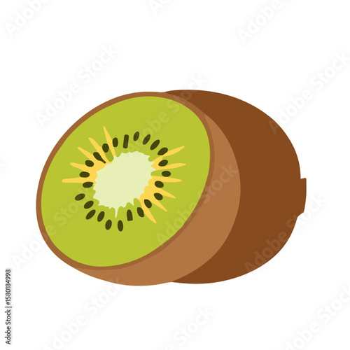 A vibrant illustration of a kiwi fruit, one half sliced open, showing the inner flesh.