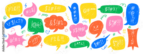 Hand drawn crayon swear speech bubbles set. Doodle style comic talk balloons with curse words and angry symbols.
