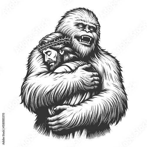 Jesus Christ being warmly embraced by a smiling yeti, blending spirituality with cryptid fantasy sketch engraving generative ai fictional character vector illustration. Scratch board. Black and white.