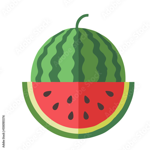 Flat design illustration of a whole and sliced watermelon.