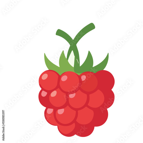 A single, vibrant raspberry with green leaves, isolated against a white background.