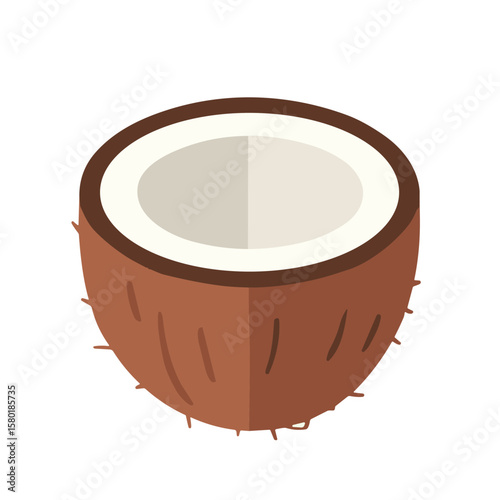 A halved coconut with white flesh and a brown hairy shell, presented in a simple, flat vector illustration.