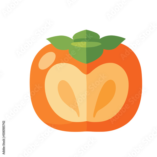A halved persimmon, showcasing its vibrant orange flesh and green calyx.