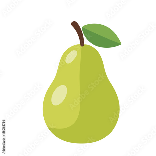 Simple illustration of a green pear with a leaf and stem, isolated on white.