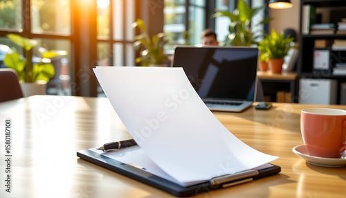 Wallpaper Mural an indoor setting featuring a wooden desk with a variety of items on it. on the left side of the desk, there's a laptop, a notepad, and what appears to be a pen Torontodigital.ca