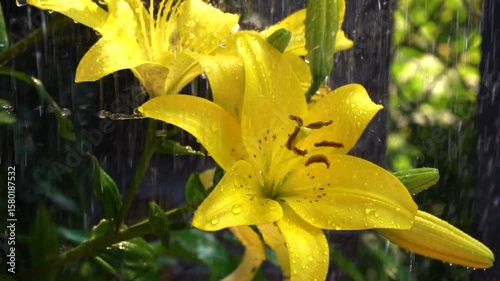 watering yellow flowers in the summer heat in the backyard drops of water so that they do not wilt vertical video