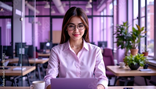 a young woman sitting at a desk in what appears to be an office setting. she has dark hair, wears glasses, and has a laptop open before her