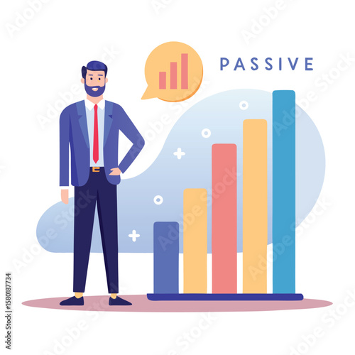 Business professional standing beside growing bar graph representing increasing financial success of an investment or strategy.