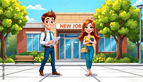 a man and woman standing in front of a school building