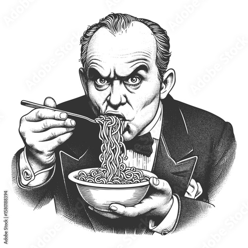 Funny wide-eyed Victorian man exaggeratedly slurping noodles from bowl with a stunned expression sketch engraving generative ai fictional character vector illustration. Scratch board. Black and white.