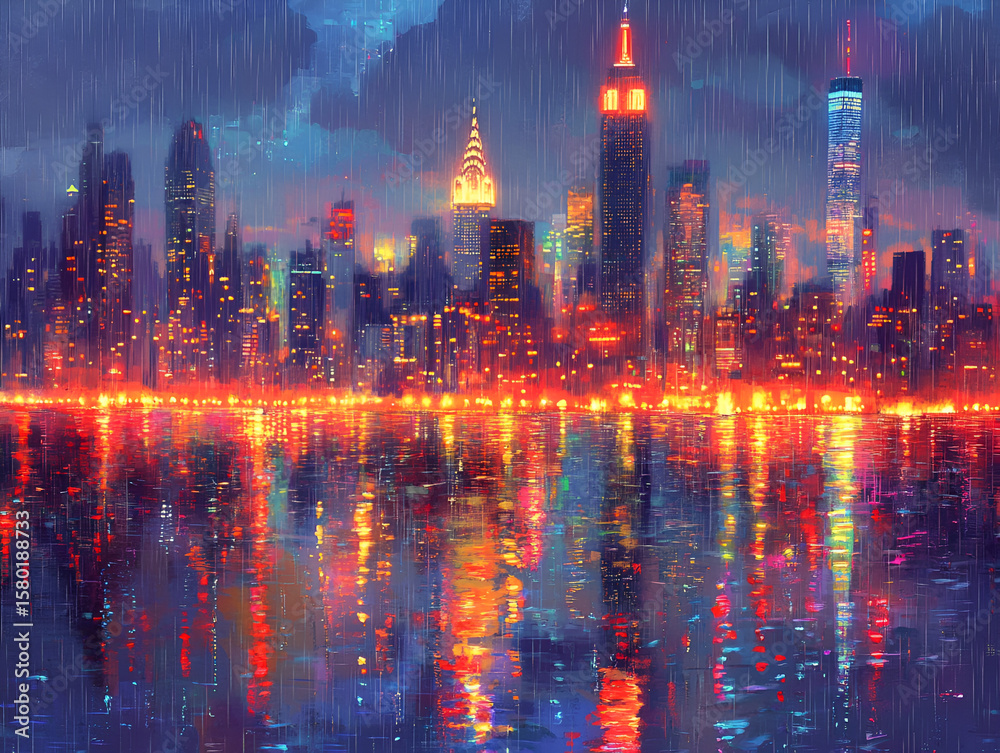 Fototapeta premium A vibrant, artistic depiction of the New York City skyline at night, reflecting in a rainy cityscape.