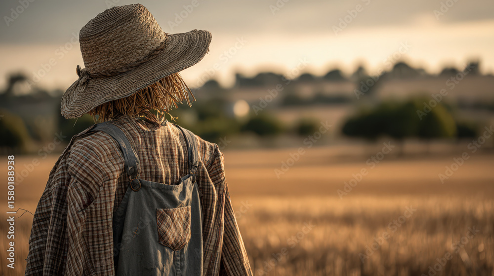Obraz premium A scarecrow in a field at sunset, perfect for Halloween or autumn