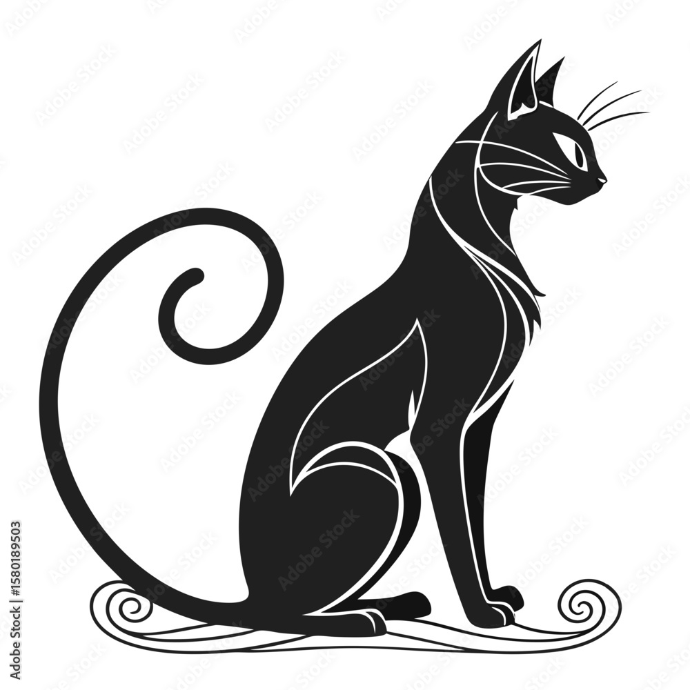 Naklejka premium Stylized Black Cat Silhouette with Curled Tail – Elegant Vector for Logos & Design