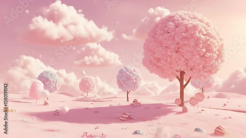 Pastel Dreamscape with Pink Clouds and Cotton Candy Trees in Gentle Animation Featuring a Pixelated Stream in a Whimsical Land