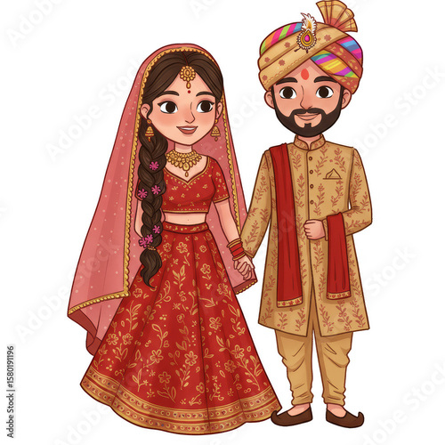 Illustration Indian Wedding Couple Bride Groom Traditional Clothes