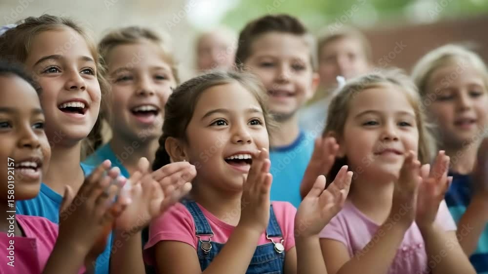 Hands clapping in gesture of appreciation and celebration of children. Joyful and thanks in applause. Group of kids in success. Concept of happy childhood and diverse friendship unity. Video