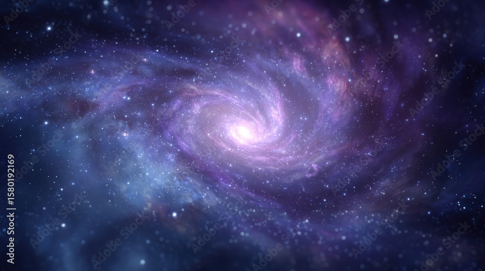 Fototapeta premium Breathtaking spiral galaxy scene with a bright, glowing core, swirling purple and blue cosmic clouds, and countless scattered stars, capturing the vastness, mystery, and grandeur of the universe for a