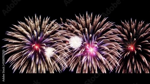 Many fireworks in night sky.