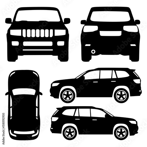 Illustration SUV Vehicle Silhouette Front, Side, Top View