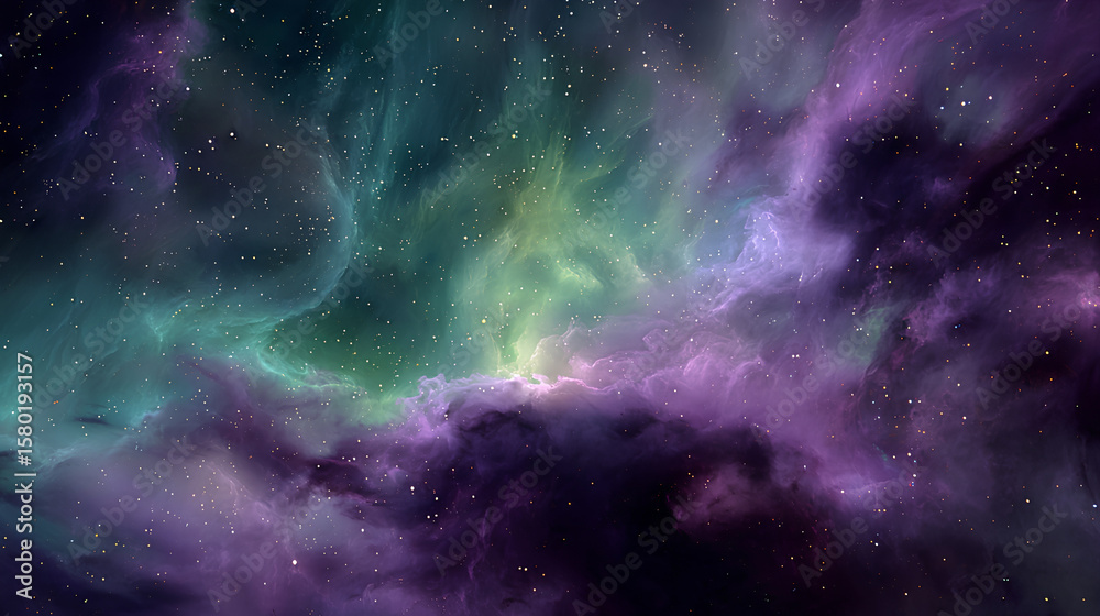 Fototapeta premium Cosmic Nebula with Purple and Green Gaseous Clouds in Dark Night Sky