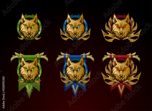 set of fantasy medieval game rank level badge, wolf head and golden frame with banner flag