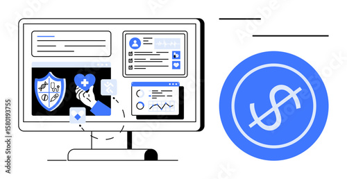 Monitor health insurance plans on a computer screen with medical symbols, analytics, and a dollar icon. Ideal for healthcare, insurance, technology, finance, analytics, online tools modern data