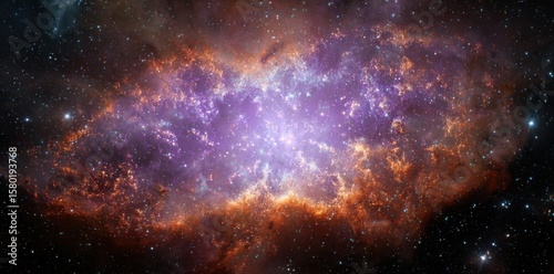 Stunning realistic astronomical - photography - style cosmic nebula with a bright purple - and - blue core, surrounded by orange and red nebular matter, scattered with countless twinkling stars agains
