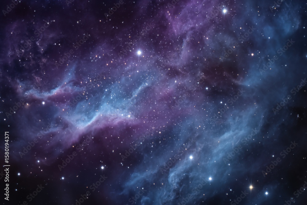 Naklejka premium Breathtaking realistic astronomical - photography - style cosmic nebula with a harmonious blend of purple and blue nebular clouds, dotted with numerous twinkling stars of varying brightness in a deep 