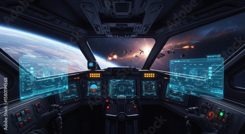 Fototapeta Naklejka Na Ścianę i Meble -  Inside the Cockpit of a Futuristic Spaceship Observing a Distant Galaxy Battle