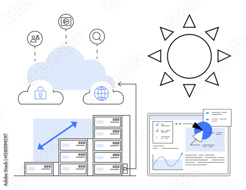 Cloud hosting servers, data scaling graphs, analytics dashboard, and network icons with a sun. Ideal for cloud innovation, data security, team collaboration, digital growth, IT solutions server