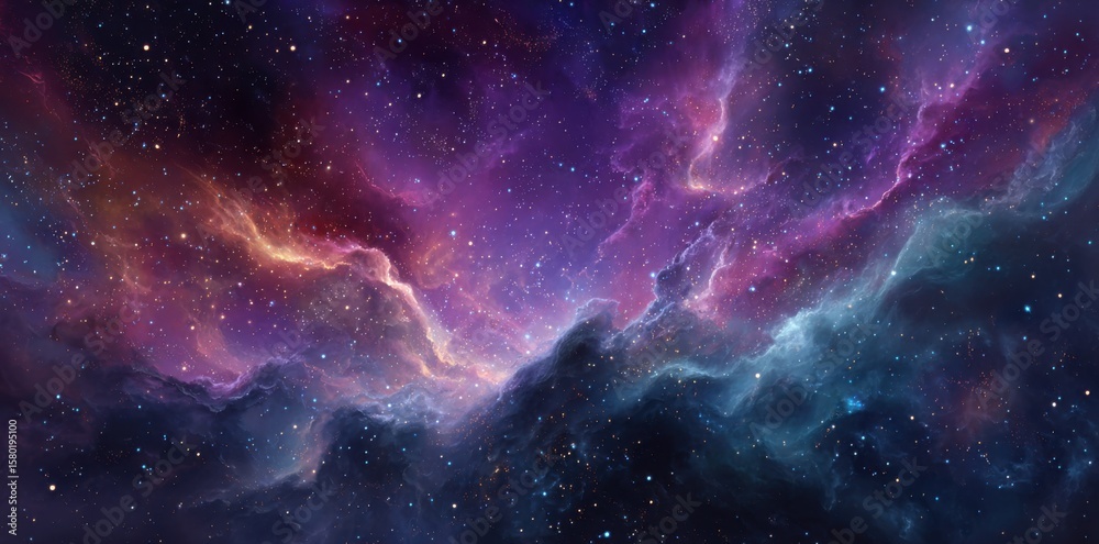 Fototapeta premium Vibrant cosmic nebula panorama with swirling purple, pink, blue, and orange celestial clouds, dotted by countless twinkling stars against a deep space backdrop, representing the mystery, vastness, and