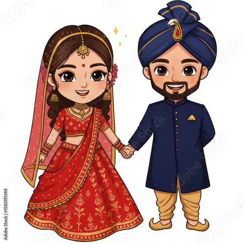 Illustration Indian Wedding Couple Bride and Groom Cartoon Characters