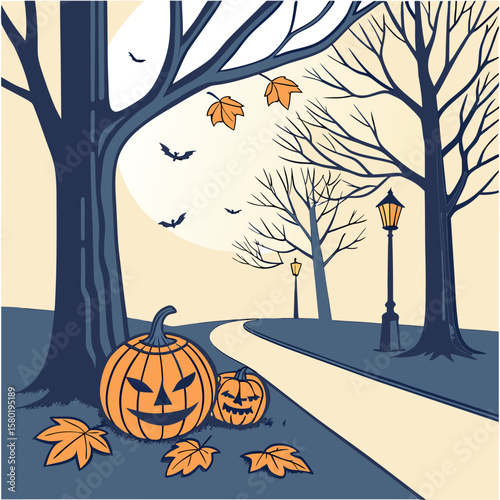 Spooky halloween scene with carved pumpkins and bats flying under a full moon in a park with bare trees and glowing lampposts
