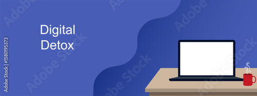 Laptop computer with blank screen and hot coffee cup on a desk suggesting digital detox period. banner.